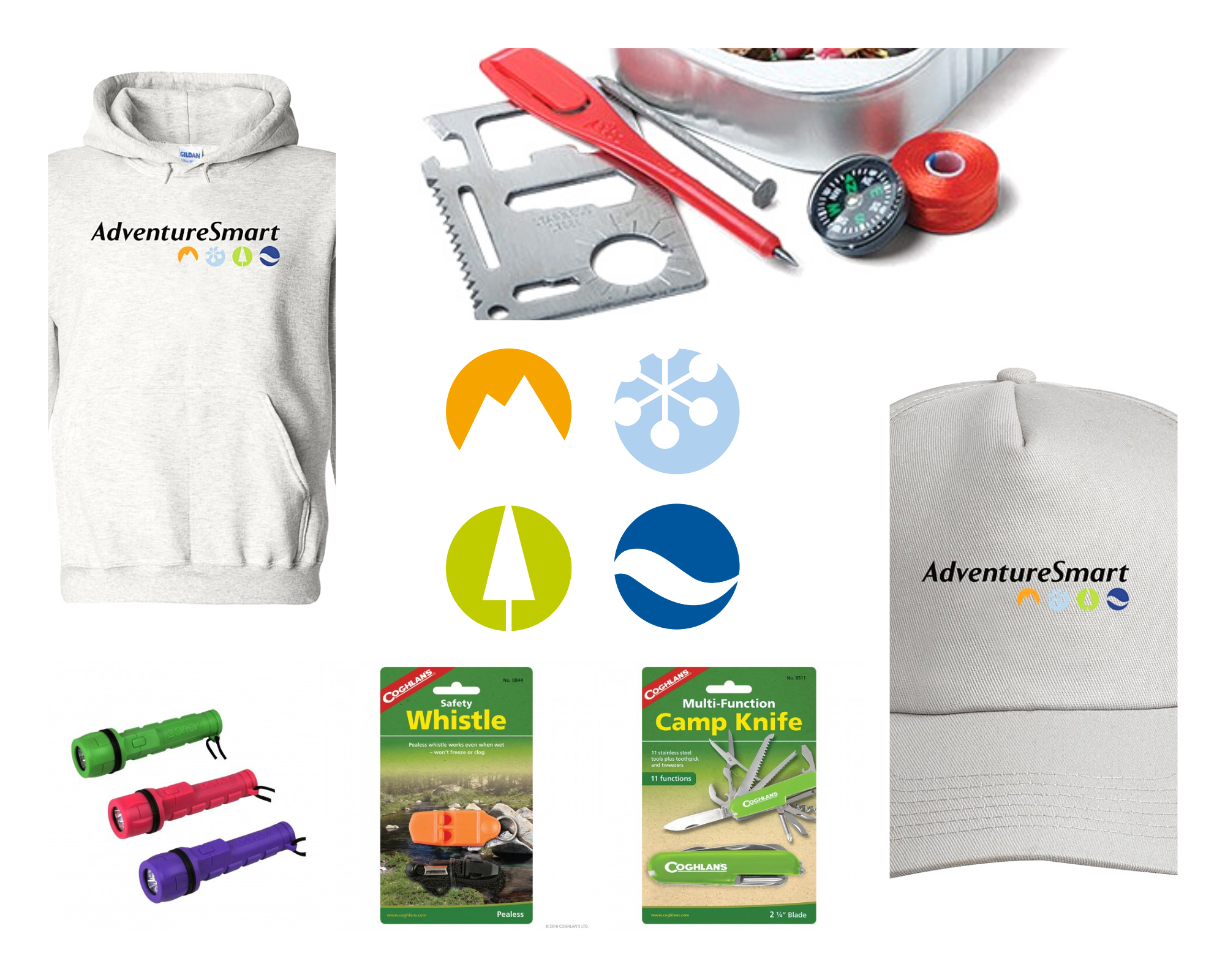 AdventureSmart Logo with apparel and camp essential items.