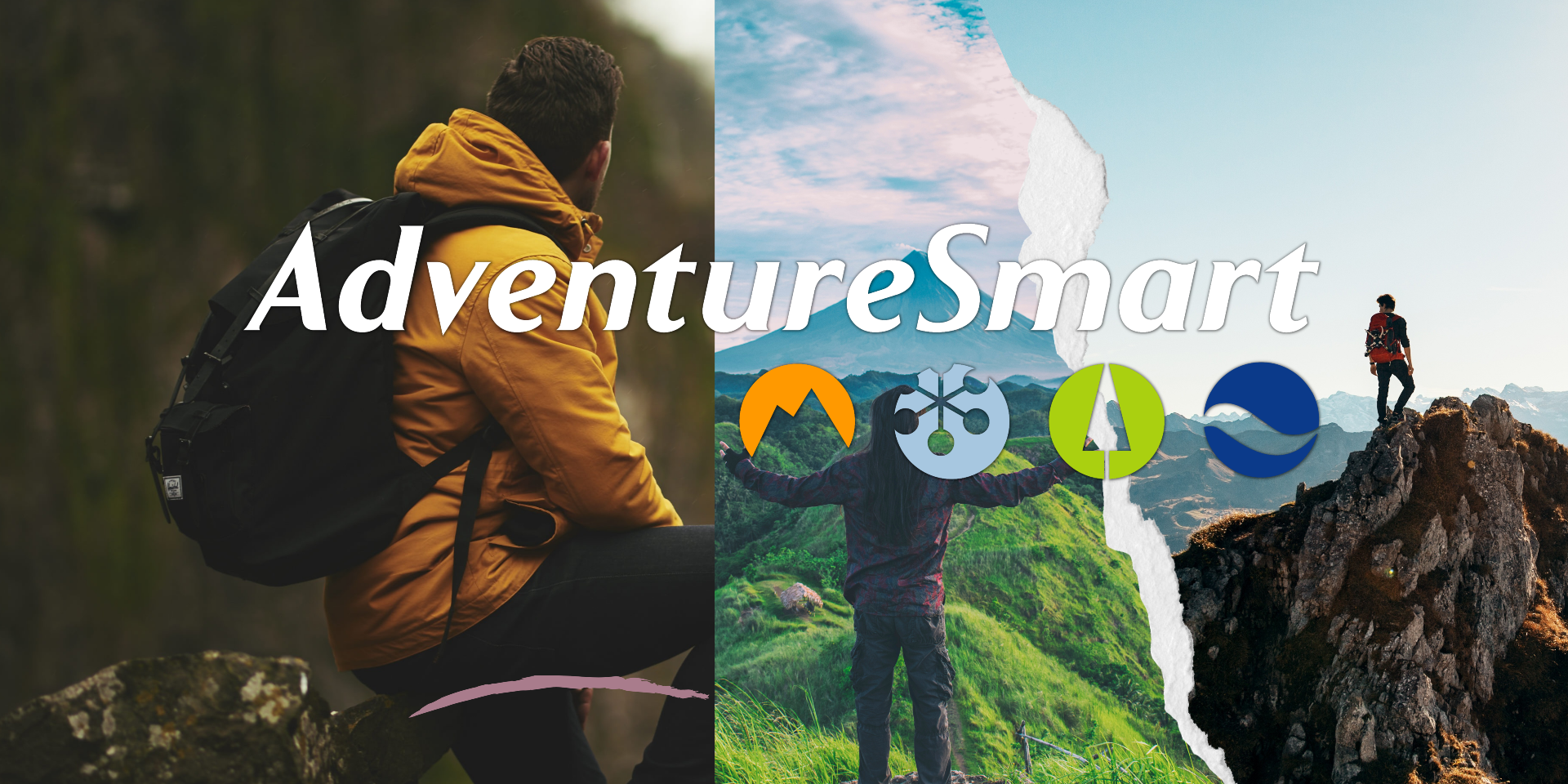 Adventure smart banner with logo  showing three different people on three different adventures