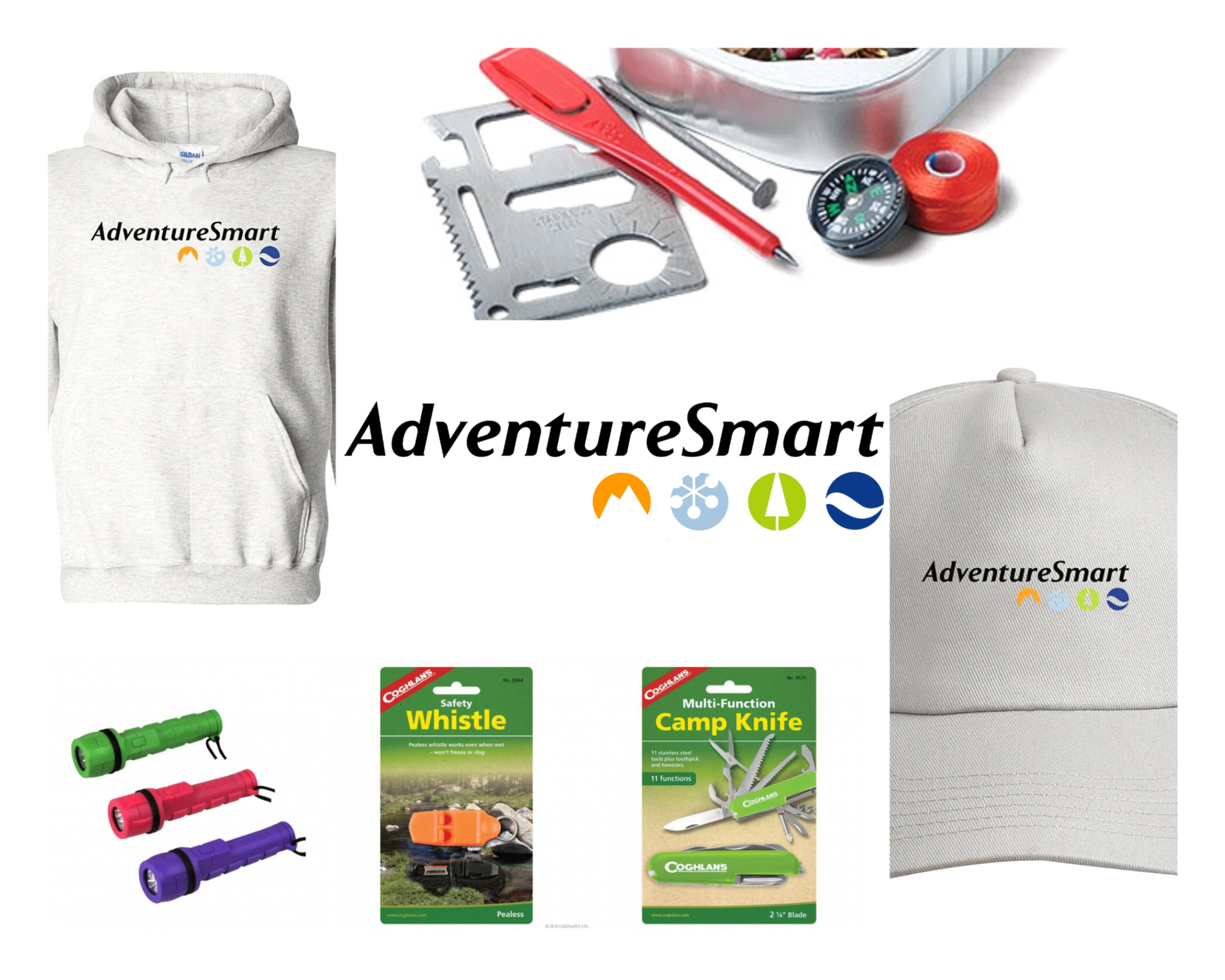 AdventureSmart logo with camping products